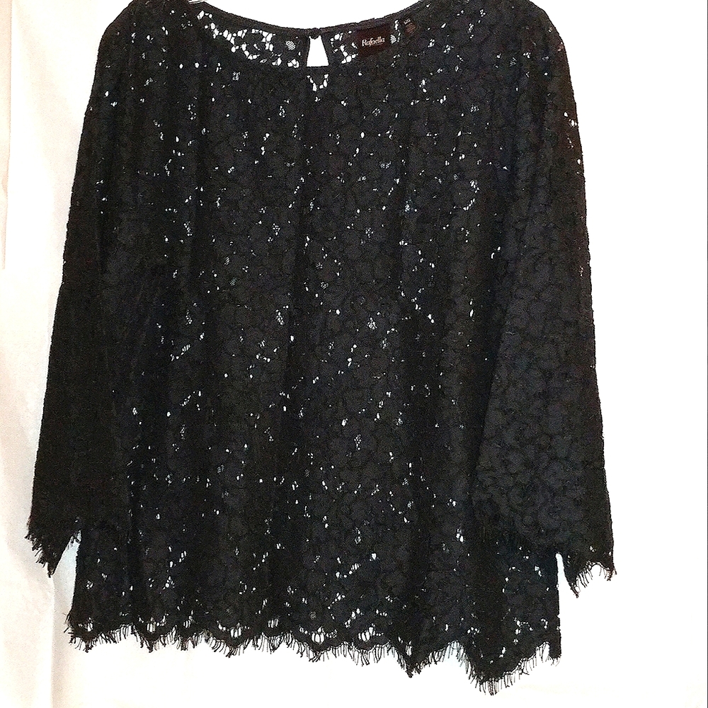 RAFAELLA BLACK LACE 3/4 SLEEVE TOP - LARGE - Picture 1 of 6